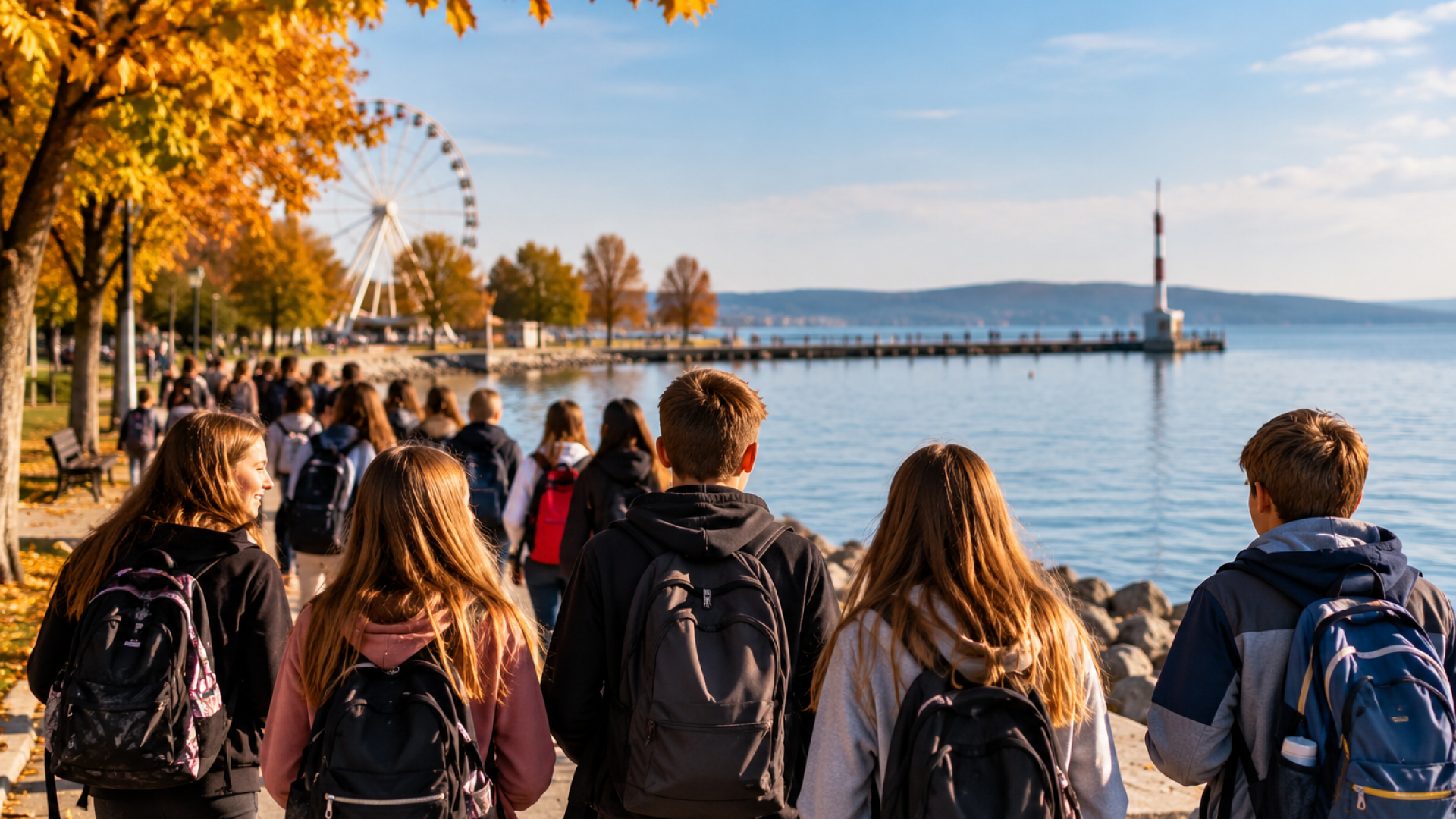 Iskolai kirándulás ősszel a Balatonnál